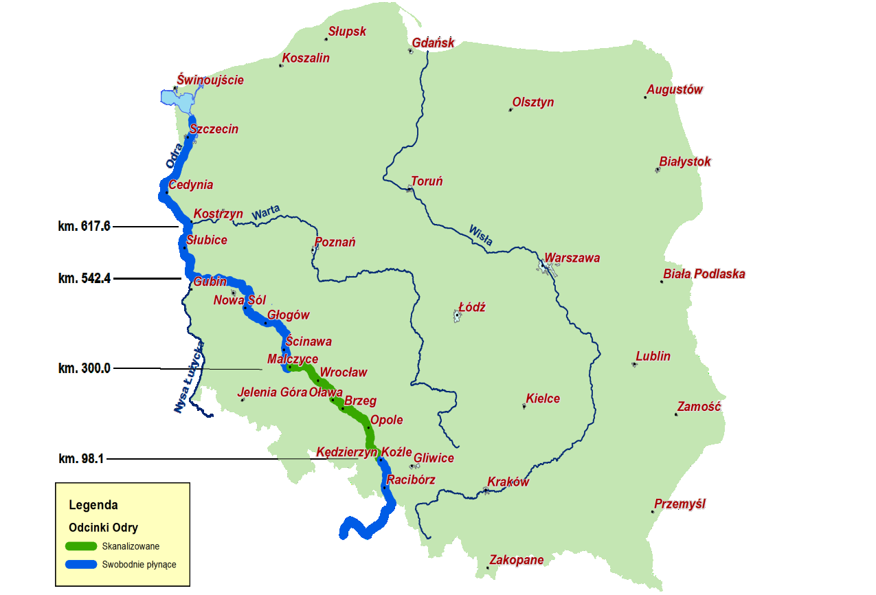 Odrzańska Droga Wodna trzy podstawowe odcinki : 1. Odra skanalizowana dł. 228 km, w tym: kanał Gliwicki (Gliwice Koźle) dł.