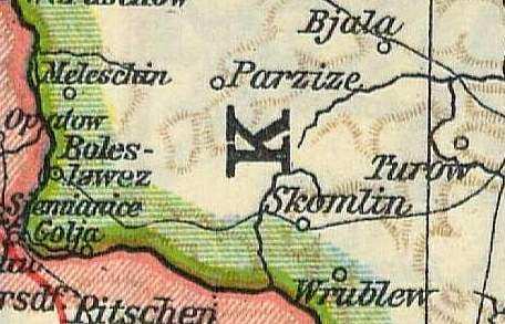 Klasak występuje tym razem jako Klassak. Niemiecka mapa terenów Polski XIX w.