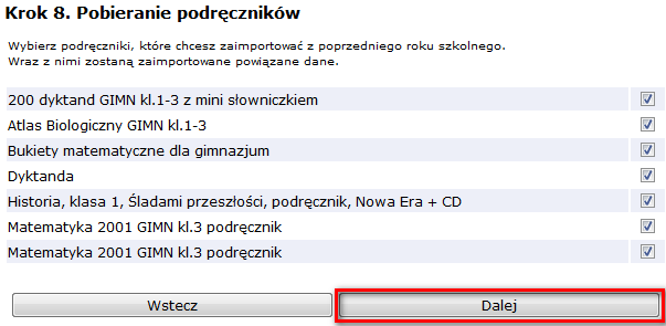 Krok 7. Import oceny opisowej. Zaznacz, które oceny opisowe wraz z ich zagadnieniami należy pobrad z poprzedniego roku szkolnego. Krok 8.