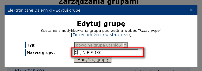 Krok 11.3. Zmiana nazw grup (jeżeli nie zostały zmienione podczas importu). W analogiczny jak powyżej sposób zmieniamy nazwy grup (dowlnych grup i klas).