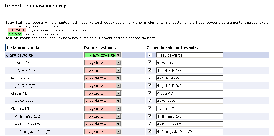 Krok 5. Import i mapowanie sal lekcyjnych. W tym kroku będziemy mogli dokonad połączenia (zmapowania) sal importowanych z pliku z salami znajdującymi się już w e-dzienniku.