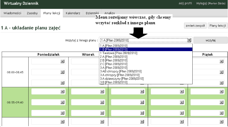 Krok 3 3.2 Tworzenie planu lekcji dla sub-klasy W celu ułożenia planu dla takiej klasy należy postępować tak, jak opisano to powyżej z tym wyjątkiem, że klikamy na daną sub-klasę. 3.3 Podgląd planu lekcji Dyrektor ma uprawnienia pozwalające na podgląd planu lekcji każdej klasy zdefiniowanej w systemie.