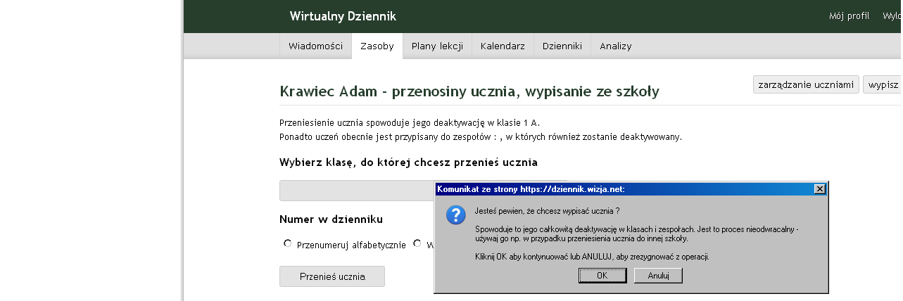 2.6.3 Wypisanie ucznia ze szkoły Po wyborze opcji "Przenieś ucznia" (patrz: obraz nr 1) po prawej stronie widnieje także etykieta "Wypisz ucznia ze szkoły".