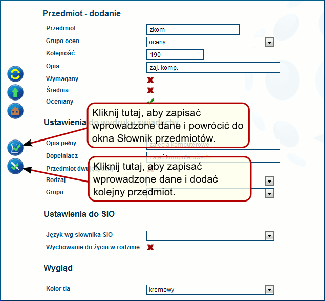 Rysunek 3.25: Okno Przedmiot - dodanie 5. Po zapisaniu danych zostaniesz przeniesiony do okna Słownik przedmiotów (rys.3.26). Sprawdź poprawność wprowadzonych danych.