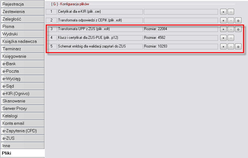 Rysunek 2 Okno konfiguracji plików Podłączenie klucza prywatnego w konfiguracji plików W rozdziale tym opisany zostanie sposób umieszczenia klucza prywatnego w bazie danych aplikacji Komornik SQL.
