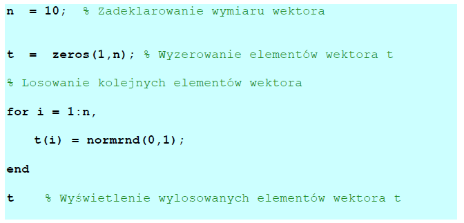 Dla przykładu wywołanie funkcji normrnd(mu, sigma) spowoduje wygenerowanie jednej realizacji zmiennej losowej z rozkładu normalnego o parametrach mu =μ,. sigma = σ.