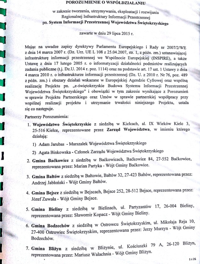 Wspólne działanie: 1. Podpisanie Porozumienia o współdziałaniu w zakresie tworzenie, utrzymania, eksploatacji i rozwijania Regionalnej Infrastruktury Informacji Przestrzennej pn.