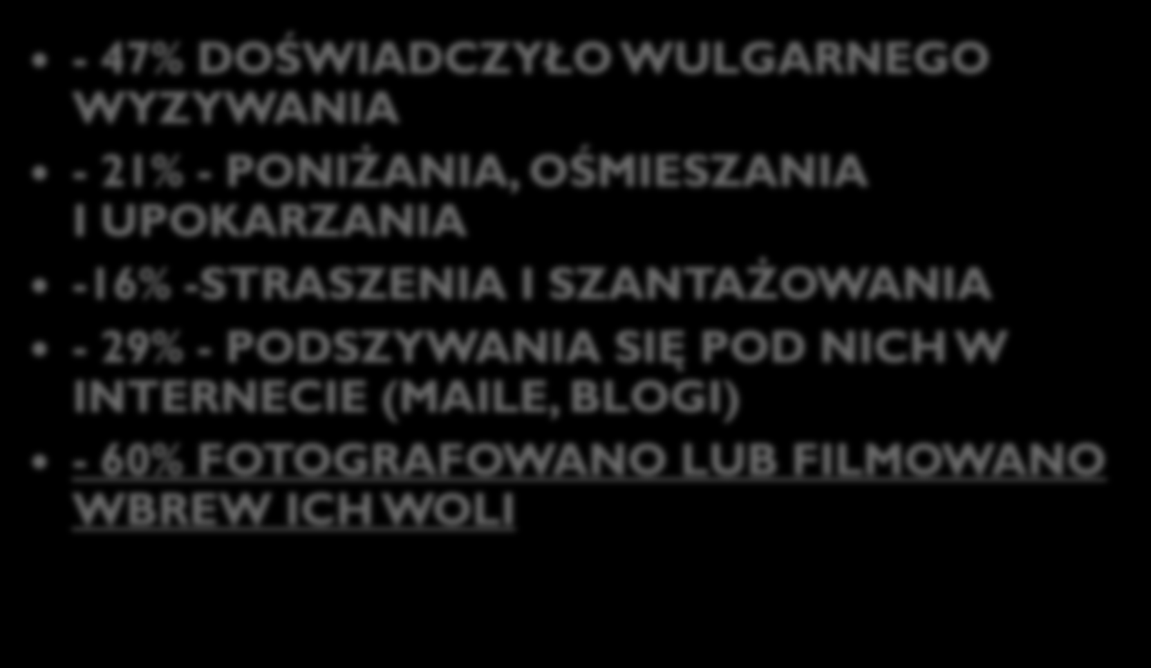 Z BADAŃ PRZEPROWADZONYCH W 2007 ROKU PRZEZ FUNDACJĘ DZIECI NICZYJE NA GRUPIE INTERNAUTÓW W WIEKU 12-17 LAT WYNIKA, ŻE: - 47% DOŚWIADCZYŁO WULGARNEGO WYZYWANIA - 21% -