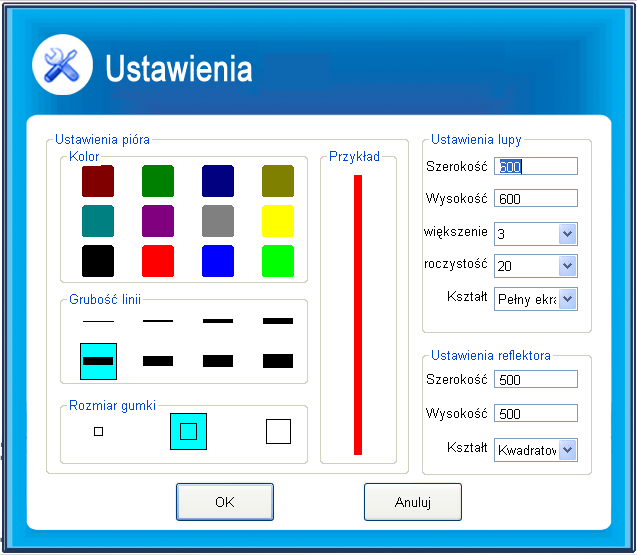 Parametry te można także ustawić globalnie korzystając z przycisku Ustawienia znajdującego się w prawym pasku narzędzi.