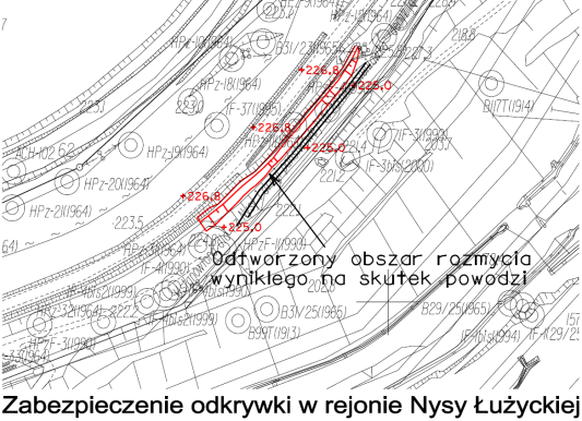 Od strony południowo - zachodniej w rejonie filara rzeki Nysa Łużycka, odtworzono na długości 200 m częściowo rozmyty w wyniku powodzi odcinek nasypu oraz dodatkowo podniesiono go o 0,5 m. (rys. 4.