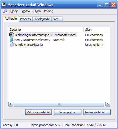 Aplikacje i ich narzędzia systemowe. W MS Windows XP za pomocą kombinacji klawiszy Ctrl+Alt+Del wywołujemy okno Menadżera Zadań.