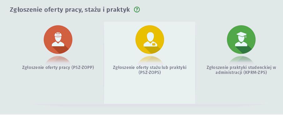 2. Zgłoszenie oferty pracy, stażu i praktyki - po wybraniu ikony Zgłoszenie oferty pracy, stażu i praktyki następuje przejście do nowego okna z ikonami uruchamiającymi kreator składania wniosku: