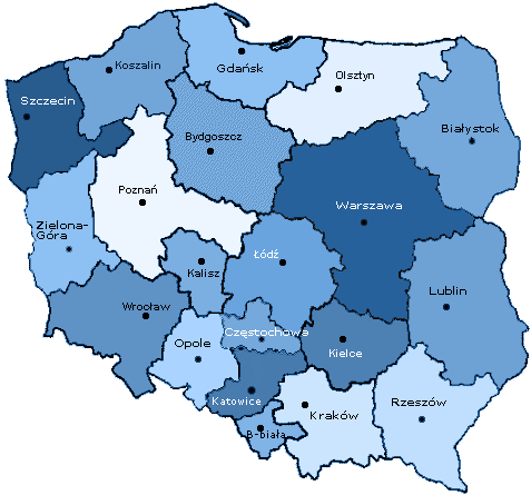 Obszar działania poszczególnych okręgowych izb aptekarskich z wyszczególnieniem liczby