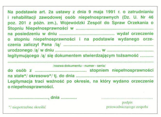 Wzór nr 31 do nr 17, 20, 23 LEGITYMACJA OSOBY NIEPEŁNOSPRAWNEJ Legitymacje