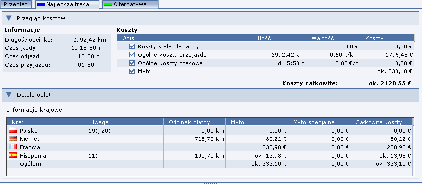 W zależności od wyboru trasy przejazdu a także zadanej waluty i jej kursu automatycznie dokonywane jest przeliczenie zarówno