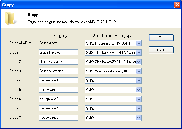 Personalizacja / Grupy. Umożliwia zdefiniowanie do 8 grup użytkowników oraz przypisanie każdej grupie indywidualnego sposobu alarmowania za pomocą SMS, FLASH, CLIP.