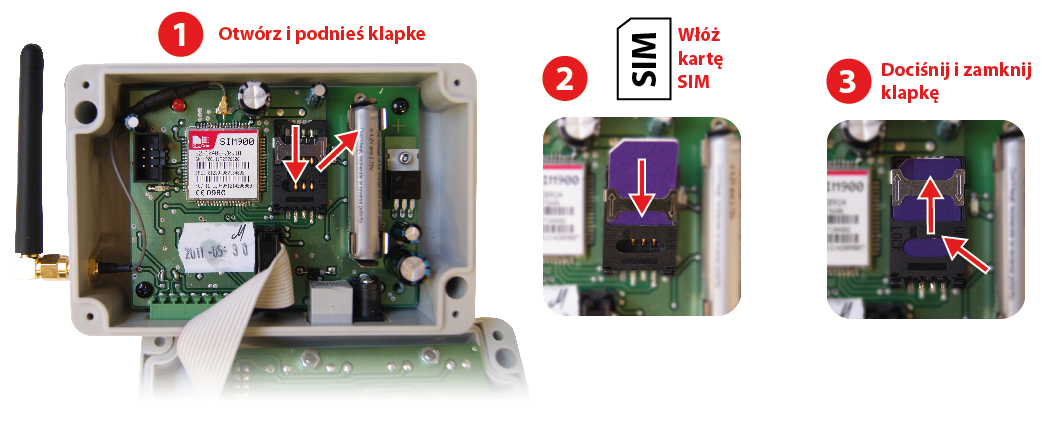DEFRO GSM v1.0.7 SPOSÓB ZAŁOŻENIA KARTY SIM: Po założeniu karty sim należy nacisnąć dowolny przycisk, moduł uruchomi się i zainicjuje nową kartę.