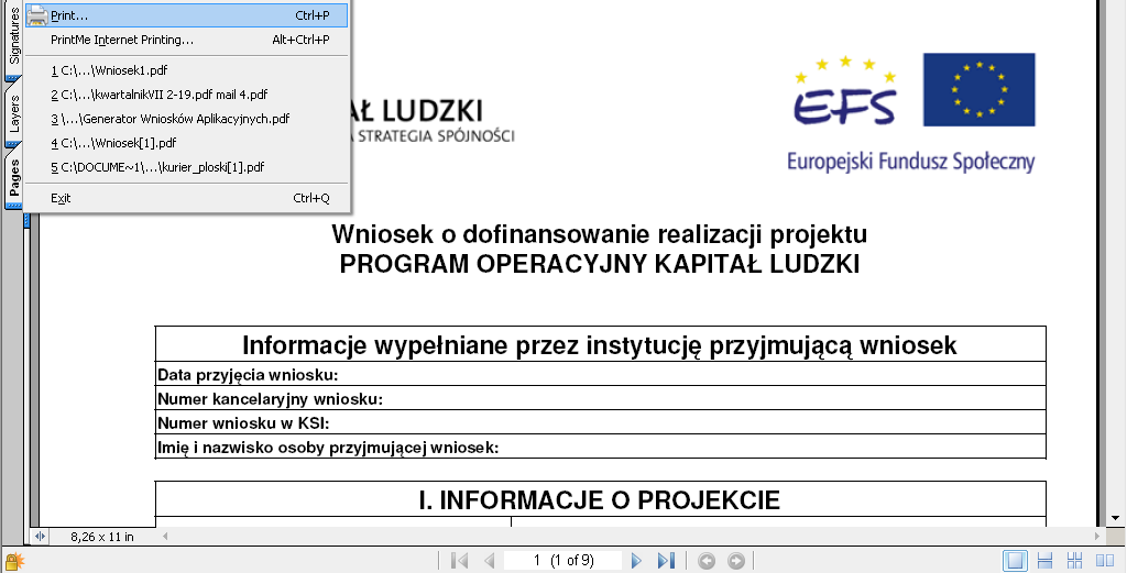 Do wydrukowania wniosku o dofinansowanie z pliku w