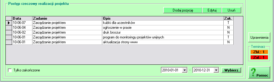 33 11. Pozostałe zakładki Poniżej opisane zostały funkcje programu z pozostałych zakładek. 11.1. Terminarz Jest to rejestr terminów dotyczących projektu. Każdy termin posiada status Aktywny.