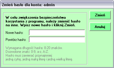 6 1.4. Hasła do kont Każdy użytkownik, bez względu na posiadane uprawnienia, ma możliwość zmiany swojego hasła. Opcja dostępna jest w menu Ustawienia / Użytkownicy / Zmień hasło dla: Nazwa konta.