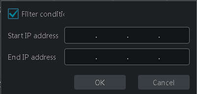 Filtrowanie listy Kliknij na przycisk znajdujący się w kolumnie Adres IP. Zostanie wyświetlone okno, które pozwoli określić zakres adresów IP, wg których zostanie odfiltrowana lista.