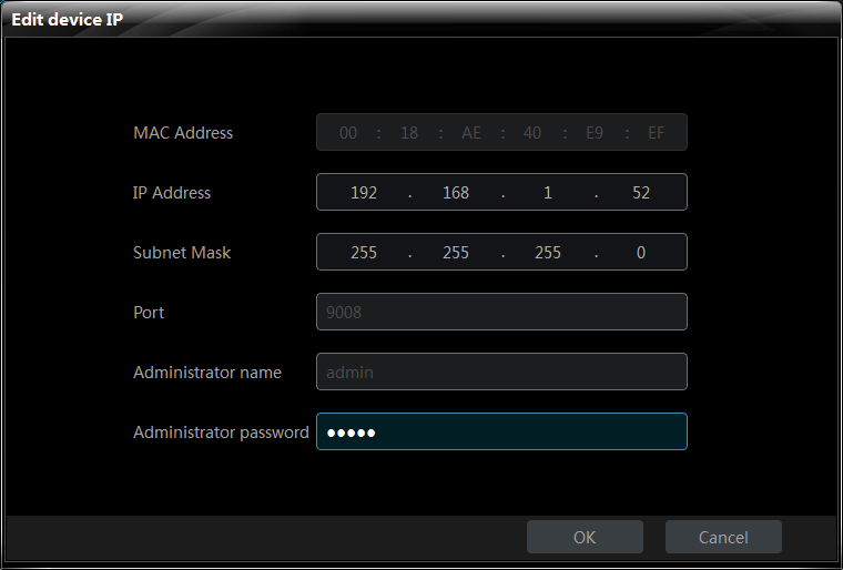 Wprowadź nowy adres IP i podaj hasło do konta administratora urządzenia. Następnie naciśnij przycisk OK aby zapisać wprowadzone zmiany i powrócić do listy dostępnych urządzeń.