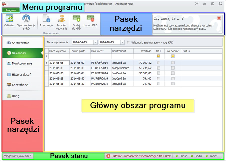 Instrukcja użytkowania Okno programu można podzielić na kilka segmentów: Menu programu zapewnia dostęp do podstawowych narzędzi konfiguracyjnych programu Pasek narzędzi zależny od widoku moduł