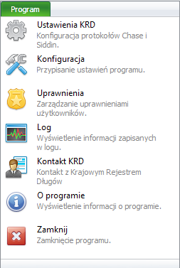 Menu programu: Z poziomu menu programu możemy uzyskać dostęp do narzędzi konfiguracyjnych programu oraz Logu.