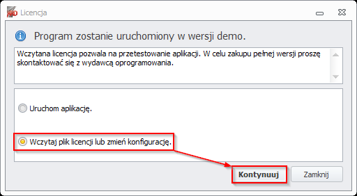 2. Instalacja pliku licencji Pojawienie się poniższego komunikatu świadczy o tym, że nie został aktywowany plik licencyjny. Program będzie pracował w wersji demonstracyjnej.