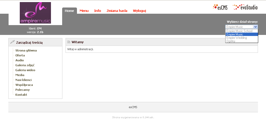 ADMINISTRACJA STRONĄ EMPIRE MUSIC I.Nawigacja / Poruszanie się pomiędzy działami. Po zalogowaniu na panel należy wybrać do którego działu chcemy wprowadzić zmiany.