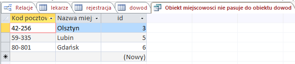 - w dalszej kolejności wybieramy pola, które chcemy zobaczyć w wyniku zapytania nowej kwerendy - kończymy podając nazwę dla naszej kwerendy Przykładowy wyniki działania (dane wyświetlone nie