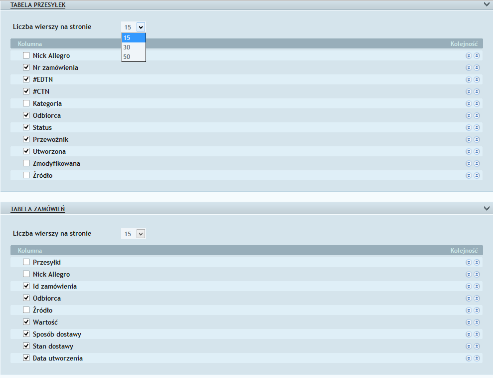 3.8 Ustawienia wyświetlania Zakładka Ustawienia wyświetlania pozwala na konfigurację widoku tabeli przesyłek i zamówień.