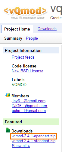 Rys. 58 Pobieranie skryptu vqmod dla sklepu OpenCart Krok 3 Pobrany plik należy rozpakować, następnie należy przesłać cały katalog vqmod do głównego katalogu sklepu.