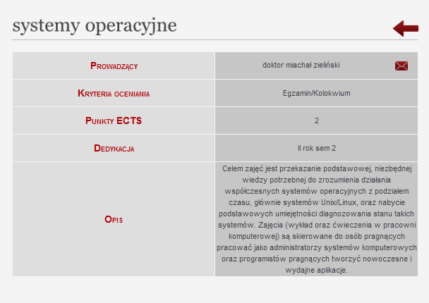 Strona opisu przedmiotu dostarcza nam następujących informacji: o Prowadzący, o Kryteria oceniania, o Ilość punktów ECTS jakie możemy zdobyć, o