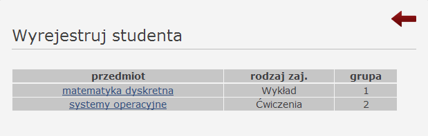 o Wybór studenta i grupy do której ma należeć Wyrejestruj z zajęć Wyrejestrowanie studenta z zajęć wiąże się z: o Wybraniem