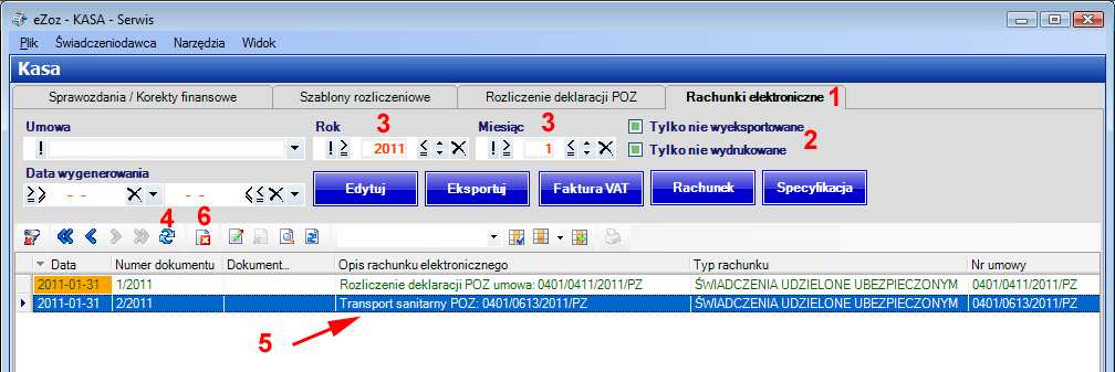 UWAGA!!! Rachunki elektroniczne dla Transportu sanitarnego POZ oraz Nocnej i świątecznej wymagają uzupełnienie informacji o ilość osób objętych opieką (patrz Edycja pozycji rachunku). 1.4.