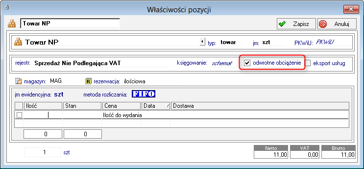 Właściwości pozycji z oznaczeniem odwrotne obciążenie Na formatce Właściwości pozycji dokumentu sprzedaży pojawia się pole wyboru odwrotne obciążenie dla tych dokumentów, dla których może być