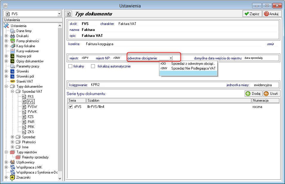 Rejestr odwrotne obciążenie w typie dokumentu sprzedaży Na formatce wybranych typów dokumentów sprzedaży można wskazać rejestr dla odwrotnego obciążenia.