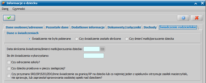 Sposób uzupełniania danych na zakładce Dane wnioskodawców jest analogiczny jak przy wniosku o zasiłek rodzinny i został opisany podręczniku Użytkownika w rozdziale Wniosek o zasiłek rodzinny.