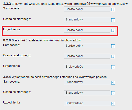 UWAGA! W polu UZGODNIENIA: Wpis opcjonalny, jeśli ocena pracownika i przełożonego są takie same. Wpis obowiązkowy, jeśli ocena pracownika jest wyższa niż ocena przełożonego.