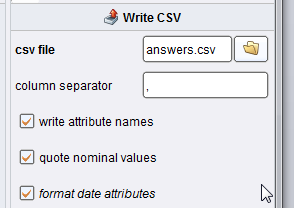 Aby wyeksportowad dane do pliku csv najpierw wybieramy operatorem SelectAttribute jedynie