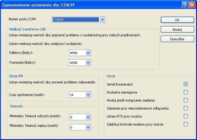 2.3. Zmiana numerów dla portów COM Wirtualne porty COM w systemie Windows pojawiają się zazwyczaj na wyższych numerach, w powyższym przypadku są to numery 39 i 40.