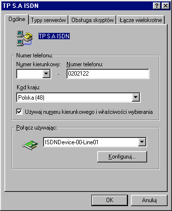Połączenie poprzez kartę NDISWAN miniport (Windows 98 i Windows ME). W Windows 98 / ME sterownik NDISWAN miniport jest instalowany domyślnie, podczas instalacji sterownika karty ISDN.