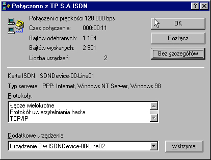 Nazwa użytkownika : ppp Hasło : ppp Numer telefonu : 0202122 lub 0202422 Połączenie 64k przy użyciu pojedynczego urządzenia ISDNDevice-00-Line01 : Połączenie 128k przy użyciu dwóch urządzeń