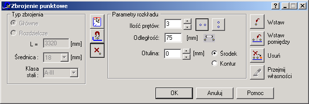 RCAD Żelbet wersja 7.1 - Przykłady strona: 17 LKM w opis pręta nr 1 na przekroju B-B PKM Modyfikacja Odznaczyć opcję aktywna (przy Pozycji zbrojenia) Wybór opisu zbrojenia.