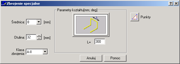 RCAD Żelbet wersja 7.1 - Przykłady strona: 33 W otwartym oknie dialogowym wybrać parametry jak na rysunku poniżej. Wybór parametrów zbrojenia.