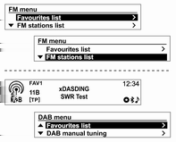 110 System audio-nawigacyjny Można zapisać maksymalnie 3 zestawy ulubionych stacji po sześć stacji radiowych lub stacji DAB w każdym.