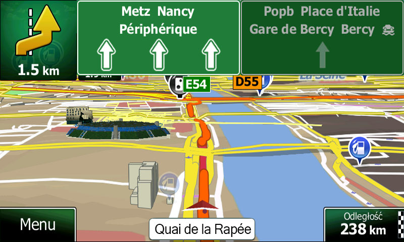 Jeśli w danych mapy są dostępne informacje o pasie, Clarion Mobile Map wyświetli pasy oraz ich kierunki przy użyciu małych strzałek na dole mapy.