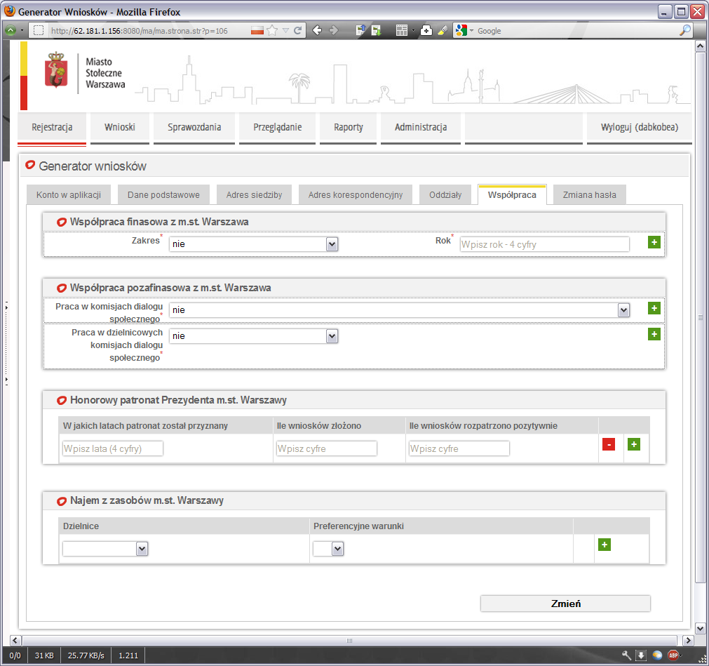 2.5. Współpraca W tej części Użytkownik wprowadza informację o dotychczasowej współpracy z m. st. Warszawa w zakresie: finansowym, pozafinansowym, honorowego patronatu Prezydenta m.st. Warszawy, najmu z zasobów m.