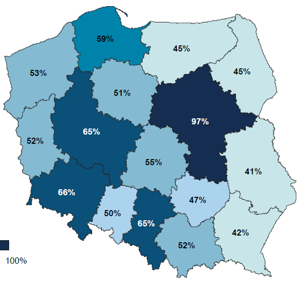 Produkt krajowy brutto Produkt krajowy brutto na 1 mieszkańca według województw relacja do średniej UE w 2009 r.